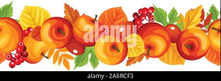 Vector horizontal seamless garland with autumn colorful apples, rowanberries and leaves. Stock Vector