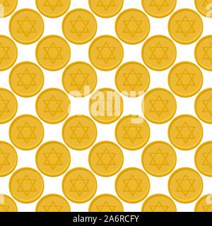 Illustration on theme big colored pattern Hanukkah, seamless set yellow coin. Seamless pattern consisting of collection round coin, accessory holiday Stock Vector