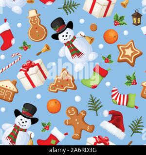 Vector Christmas seamless background with snowmen, stockings, Santa hats, holly, boxes, cookies, oranges, snowballs, candy canes and fir branches on b Stock Vector