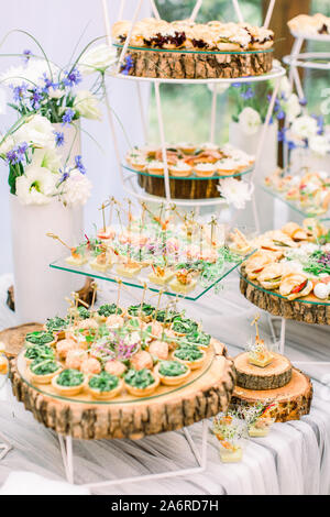 Mini canapes food. Beautiful decorated catering banquet, wooden stands. Snacks and appetizers. Wedding celebration Stock Photo