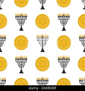 Illustration on theme big colored pattern Hanukkah, seamless set menorah. Seamless pattern consisting of collection menorah, accessory holiday Hanukka Stock Vector