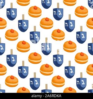 Illustration on theme big colored pattern Hanukkah, seamless tasty donut. Seamless pattern consisting of collection yummy donut, accessory holiday Han Stock Vector