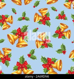 Vector seamless pattern with gold Christmas bells on a blue background. Stock Vector