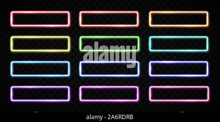Colorful neon light frames set on dark background. Stock Vector