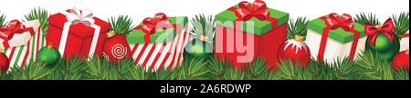 Vector Christmas horizontal seamless background with red and green gift boxes, balls and fir-tree branches. Stock Vector