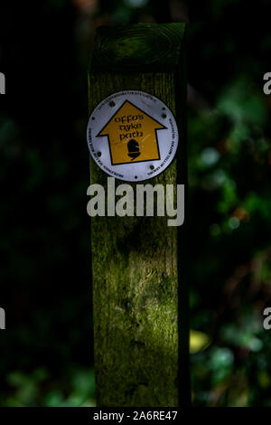 Offa's Dyke path footpath sign at Cadora Woods, Forest of Dean. Autumn, Wye Valley Stock Photo