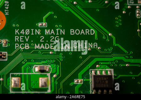 Macro photograph of a green circuit board from old electronic comptuter. Stock Photo