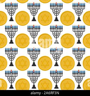 Illustration on theme big colored pattern Hanukkah, seamless set menorah. Seamless pattern consisting of collection menorah, accessory holiday Hanukka Stock Vector
