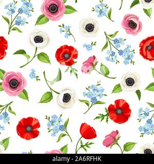 Vector seamless pattern with red, blue and white flowers on a white background. Stock Vector