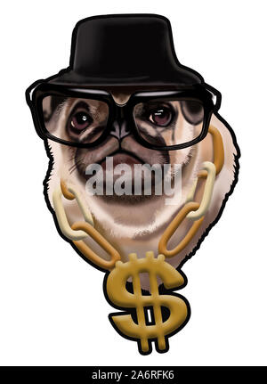 Illustration of a pug in a black hat and glasses with a golden chain, digital illustration portrait of a pug. Brutal pug, printable image on a t-shirt Stock Photo