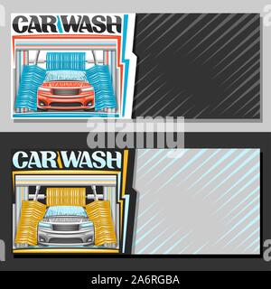 Vector banners for automatic Car Wash with copy space, illustration of red sport car, flowing water, yellow rotating brushing rollers, original typefa Stock Vector