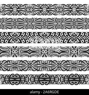 Vector set of black seamless borders, 6 decorative repeat ribbons of oriental style, design elements for create frames, ornate tape decorations with a Stock Vector