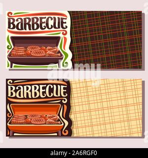 Vector banners for Barbecue with copy space, invite tickets with frankfurters, fresh tomatoes, juicy beefsteak, chicken legs, lettering for word barbe Stock Vector