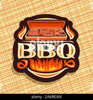 Vector logo for BBQ, dark decorative icon with roasted frankfurters, fresh tomatoes, juicy beefsteak and chicken legs, original typeface for word bbq, Stock Vector