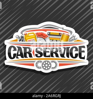 Vector logo for Car Service, white design sticker with set of different auto parts for variety mechanic car system, lettering for words car service, l Stock Vector