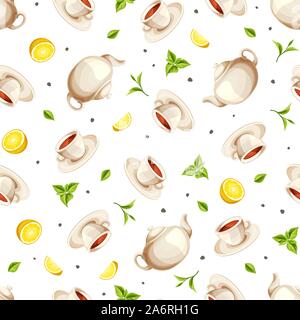 Vector seamless pattern with teapots, cups of tea, lemons and tea leaves on a white background. Stock Vector