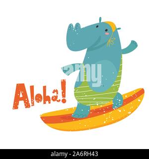 Cute Hippo on a board vector image with lettering Aloha Stock Vector