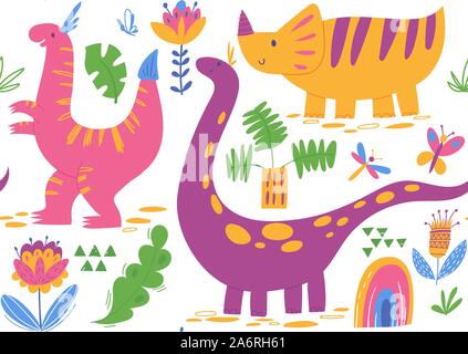 Vector seamless pattern with cute dinosaur characters Stock Vector