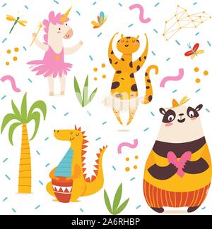 Seamless pattern in kids style with cartoon animals Stock Vector
