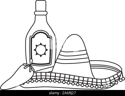 traditional mexican hat with tequila bottle and chili pepper Stock Vector