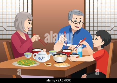 A vector illustration of Chinese Kid Eating With His Grandparents Stock Vector