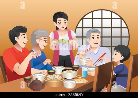 A vector illustration of Chinese Family Eating Together at Home Stock Vector
