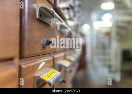 Wooden card catalogue drawer, Bristol Central Library, UK Stock Photo
