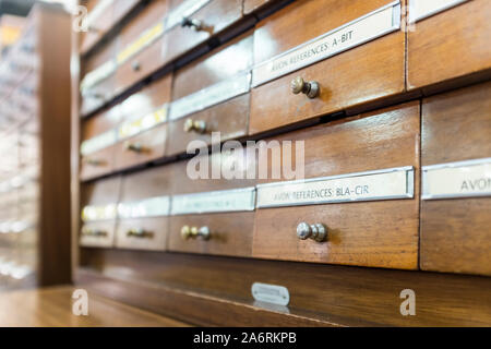 Wooden card catalogue drawer, Bristol Central Library, UK Stock Photo