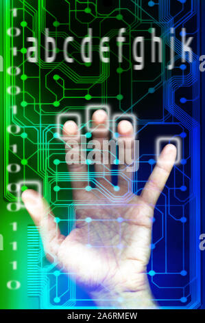 a hand over a hi-tech screen with binary numbers and circuits as concept for internet security Stock Photo