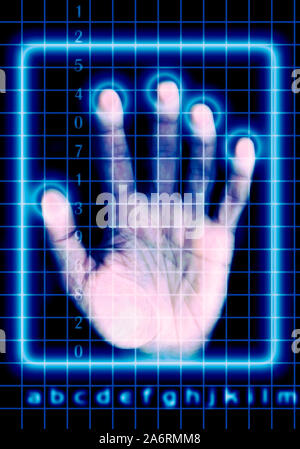 a hand touching a grid screen with binary numbers and letters as concept for digital identity security Stock Photo