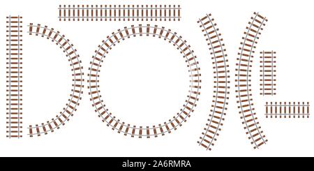 Railroad track train vector top view. Railway locomotive travel path transit way line. Subway traffic curve set metro Stock Vector