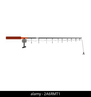 Fishing rod vector icon flat equipment. Catch bait hook hobby reel. Leisure tool tackle spinning angler. Long spool stick accessory Stock Vector