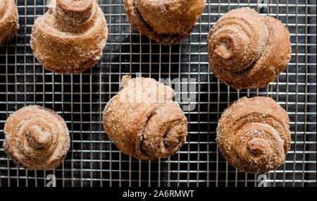 homemade cinnamon buns on a cooling rack Stock Photo