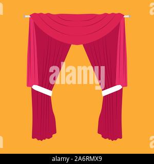 Curtain red stage vector flat icon art. Backdrop velvet classic open textile fabric frame. Interior drapery tassel room hall Stock Vector