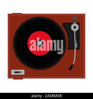 Player vinyl disc vector record music retroicon. Vintage disco DJ turntable. Label track classic pop album studio. Plastic circle scratch mix Stock Vector