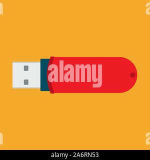 USB flash drive vector flat icon electronic. Data memory computer connect. Red portable storage gadget hardware PC Stock Vector