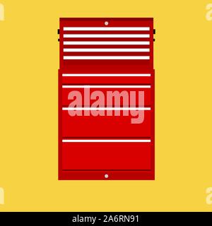 Red tool box vector construction equipment repair. Work maintenance kit service. Toolkit industry mechanic instrument Stock Vector