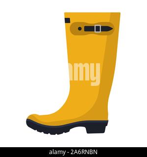 Rain boot vector flar icon side view. Autumn weather water rubber shoe protection. Waterproof gum boot outdoor yellow clothing Stock Vector
