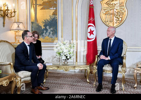 Tunis, Tunisia. 28th Oct, 2019. Tunisian President Kais Saied (R) speaks with German Foreign Minister Heiko Maas during their meeting at Carthage Palace. Credit: Khaled Nasraoui/dpa/Alamy Live News Stock Photo