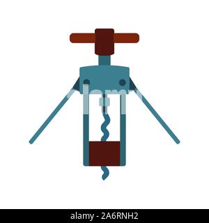 Corkscrew wine vector flat icon bar opener. Isolated white cork bar screw alcohol. Handle spiral pub utility goblet Stock Vector