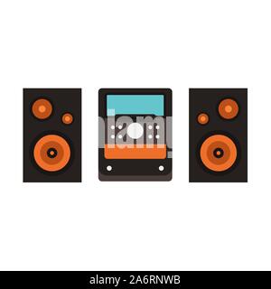 Audio system vector flat icon sound electronic equipment. Black stereo music speaker. Set home acoustic bass Stock Vector