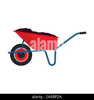 Wheelbarrow red garden vector tool equipment side view. Agriculture cart wheel cartoon farm. Flat lawn ground supplies Stock Vector