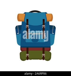 Backpack vector bag illustration luggage travel equipment. Knapsack blue tourism adventure camping hiking supply mountain Stock Vector