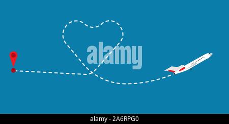 Love route path flight airplane vector illustration. Line heart trace romantic. Business jet track dotted way design vacation Stock Vector