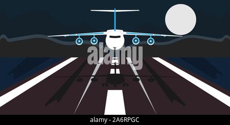 Airplane landing illustration travel vacation vector. Business trip boarding airline departure. Holiday tour journey summer flat Stock Vector