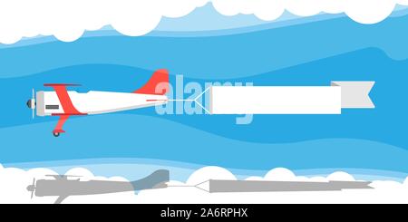 Red biplane with air ribbon banner vector illustration. Advertisement sky aviation vintage plane travel. Old vehicle adventure show journey. Flat airs Stock Vector
