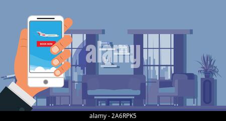 Book now at home business background concept. Airplane information website. Hand phone closeup application ticket cart Stock Vector