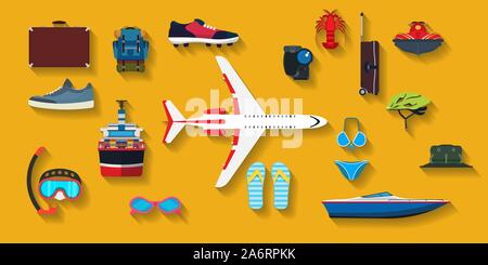 Travel set flat icon holiday symbol vacation. Summer globe business trip tourist journey. Collection element sea tour recreation cruise Stock Vector