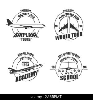 Airplane badge vector air aviation illustration emblem. Aircraft label vintage design symbol. Travel logo academy jet retro sign. Adventure sticker sc Stock Vector