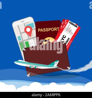 Travel concept vector illustration background. Vacation tourism trip airplane with ticket, map, suitcase, passport. Flight adventure around world expl Stock Vector